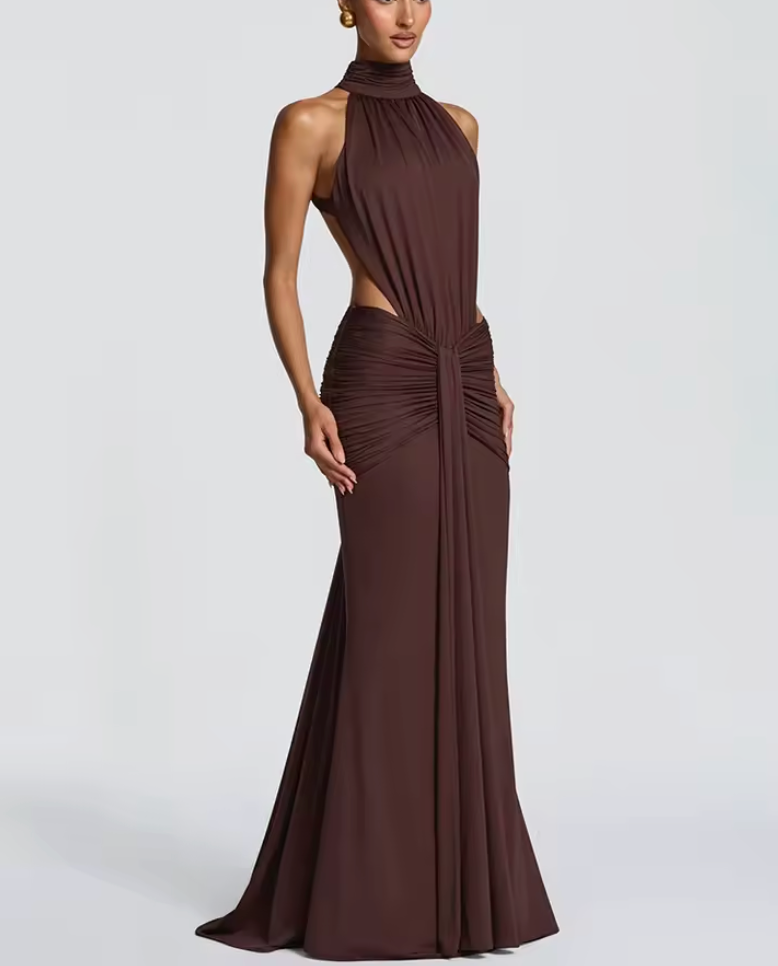 Chocolate Cut-Out Halter Maxi Dress