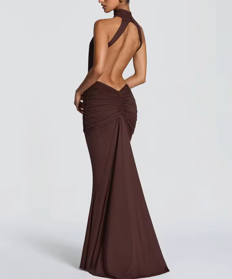 Chocolate Cut-Out Halter Maxi Dress